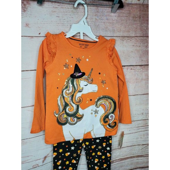 Spooky Night Unicorn Sequin 3 Toddler 2 Piece Kids Orange Shirt Pants Set - Picture 7 of 12